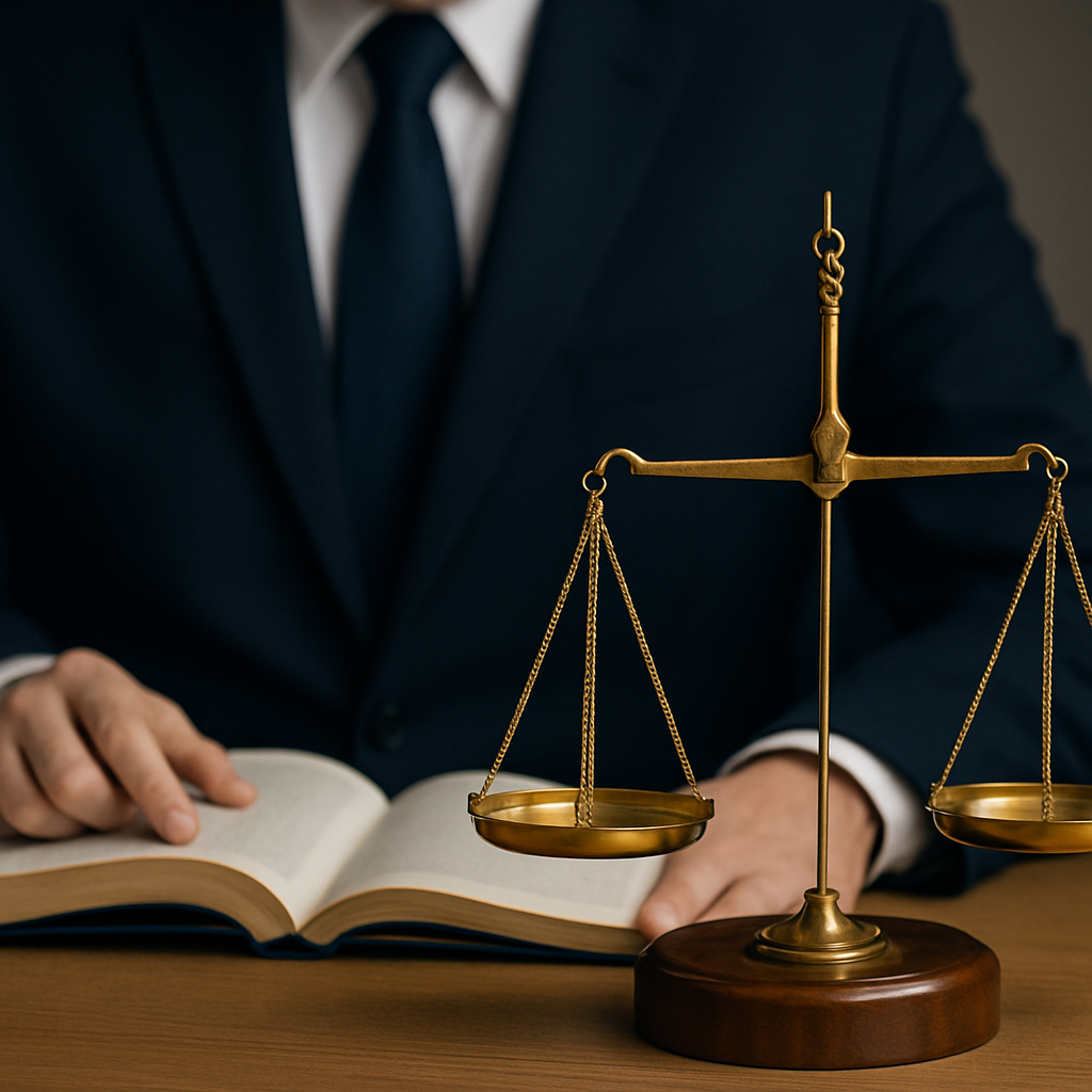 Balança da Justiça em foco sobre a mesa, com advogado folheando livro de direito ao fundo - Advogado Frederico Misailidis Strikis em Americana.